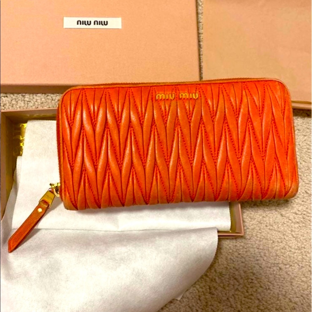 Miu Miu Quilted Zip-Around Wallet in Orange with Gold Hardware